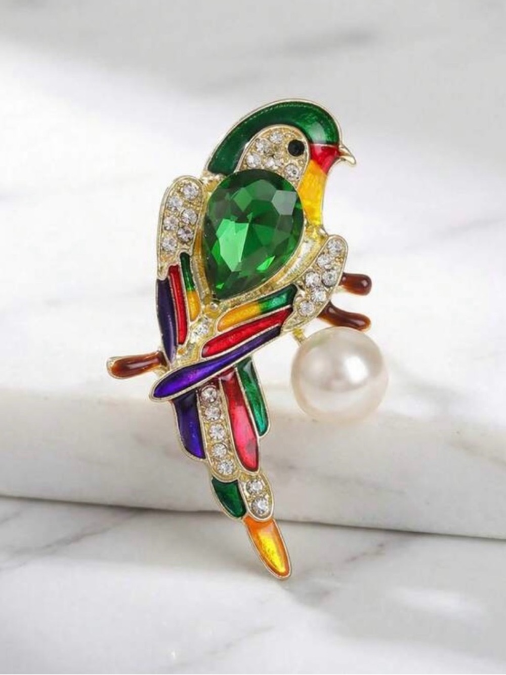 Colorful Parrot Brooch with Green Gem and Pearl Accent
